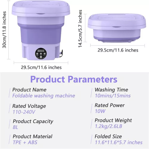 8L Portable Washing Machine Mini Washer Foldable W